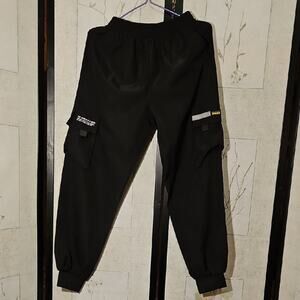Black Cargo Pants with Relaxed Fit and Elastic Cuffs
